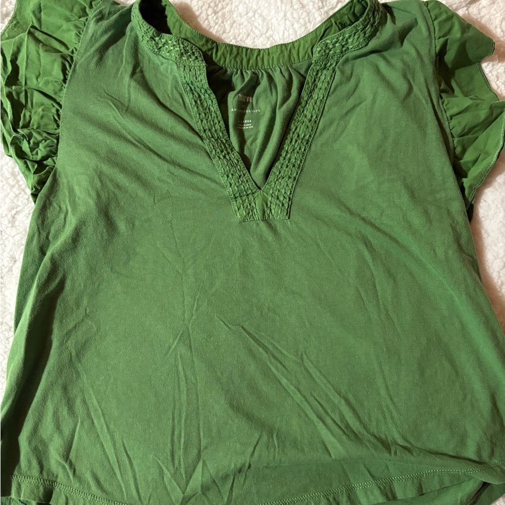 Anthropologie Green Blouse with Ruffled Sleeves